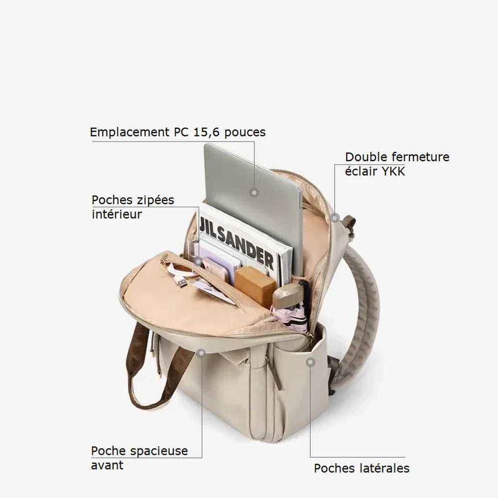 Sac à dos pratique pour femme beige avec compartiments, pochettes et fermetures YKK