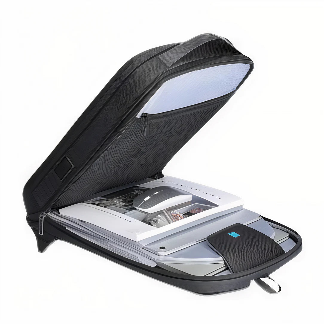 Étui noir ouvert pour ordinateur portable 15,6 pouces avec compartiments et accessoires