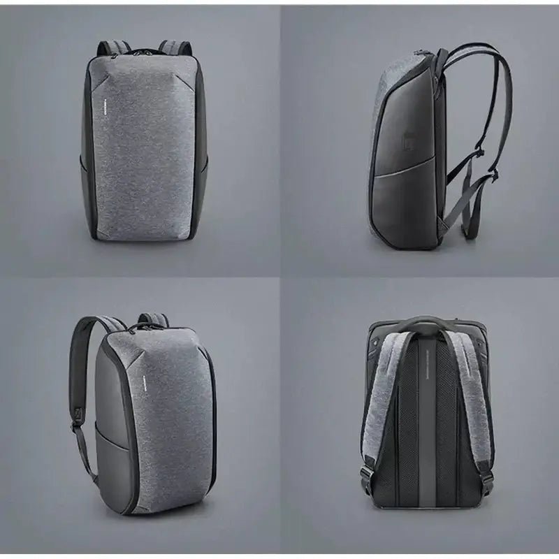 Sac à dos professionnel femme gris avec plusieurs vues montrant ses caractéristiques et design