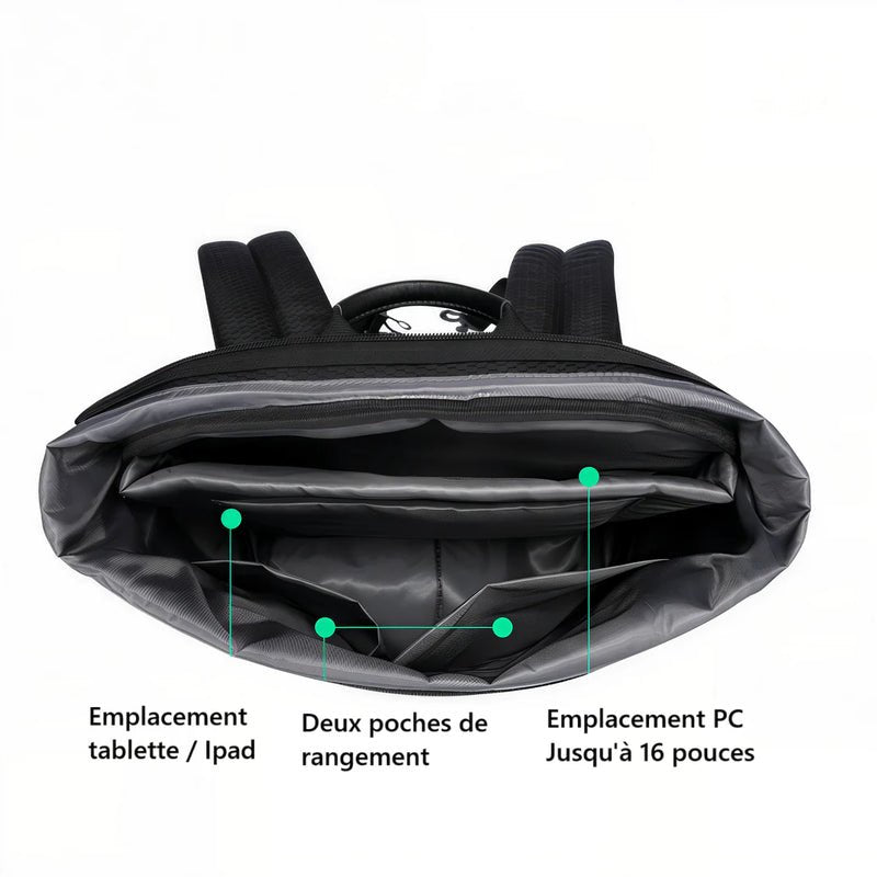 Sac à dos Quasar I 16 pouces Ryden ouvert montrant compartiments pour tablette PC et rangement