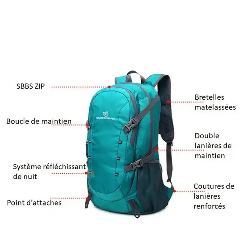 Sac à dos randonnée étanche teal avec fonctionnalités étiquetées en français