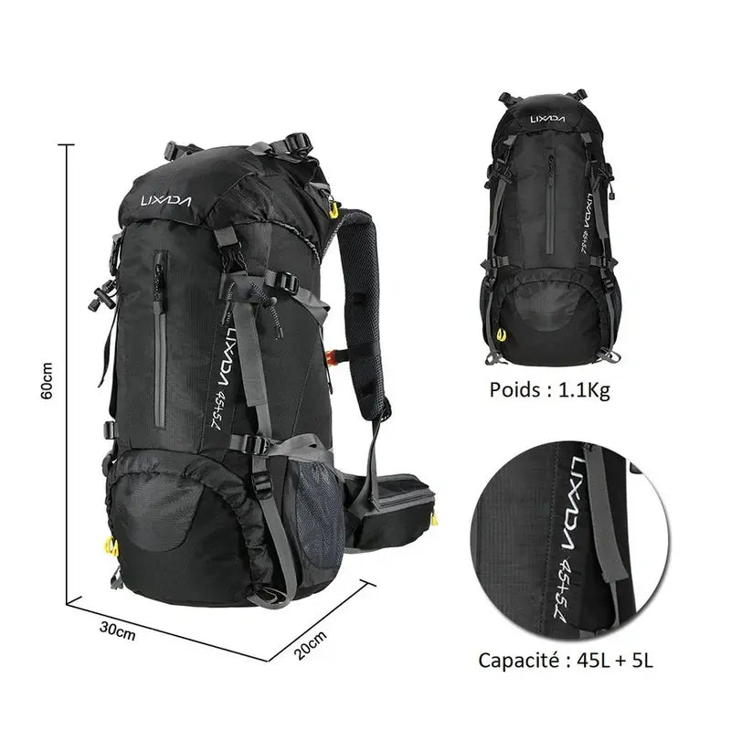 Sac à dos randonnée homme 50l noir avec compartiments multiples et bretelles ajustables