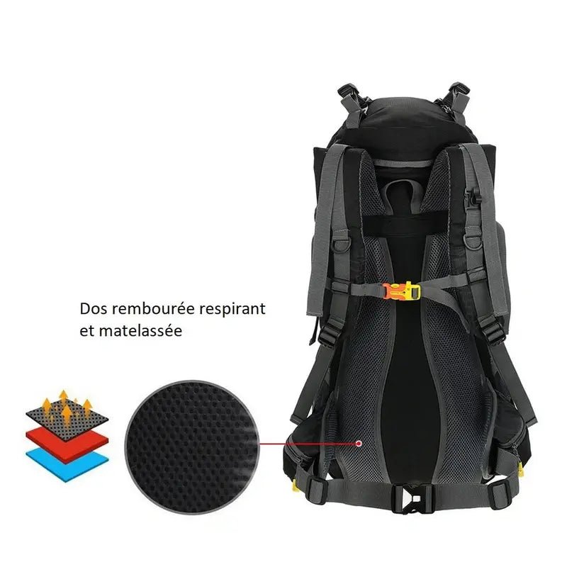 Sac à dos randonnée homme 50l noir et gris avec panneau dorsal respirant et rembourré