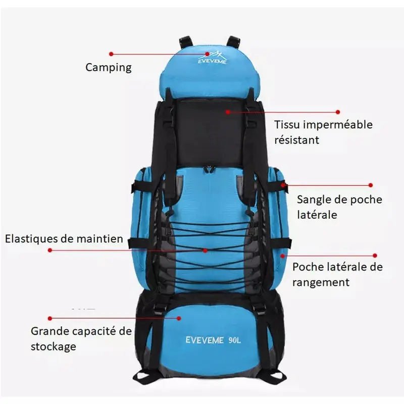 Sac à dos randonnée homme 90l bleu avec compartiments de rangement extérieurs