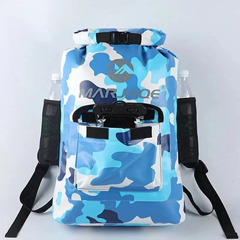 Sac à dos randonnée imperméable en camouflage bleu et blanc avec porte-bouteilles latérales