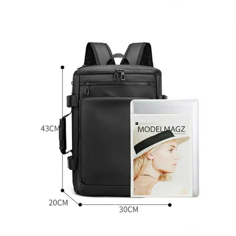 Sac à dos rectangulaire 25l noir avec dimensions visibles pour le voyage