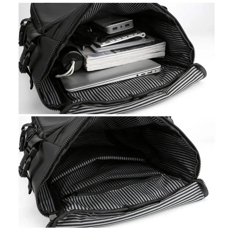 Sac à dos rectangulaire 25l en tissu noir avec plusieurs compartiments et doublure rayée