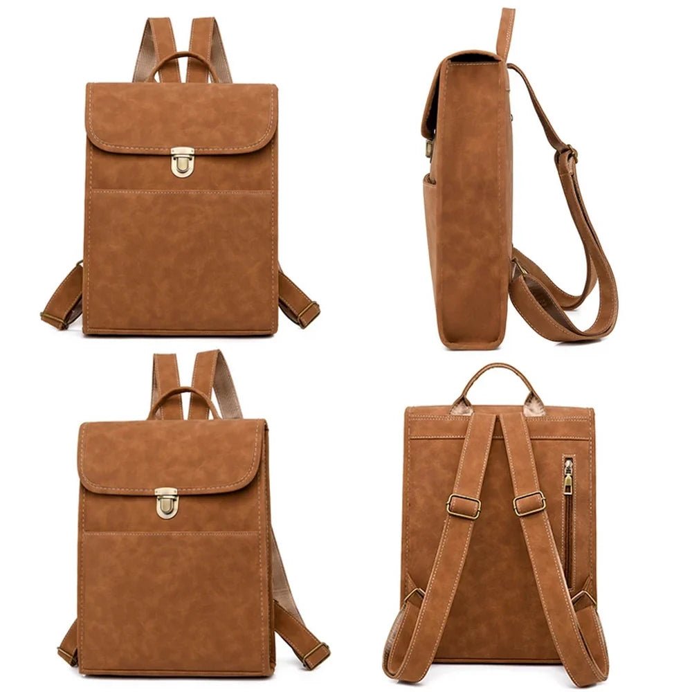 Sac à dos rectangulaire en cuir marron avec rabat, boucle en or et bretelles ajustables