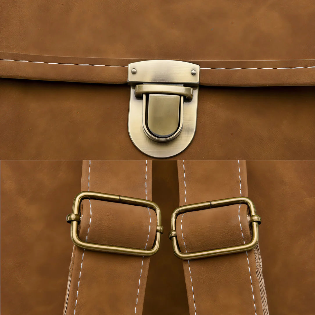 Sac à dos rectangulaire en cuir faux marron avec boucle et fermetures en laiton