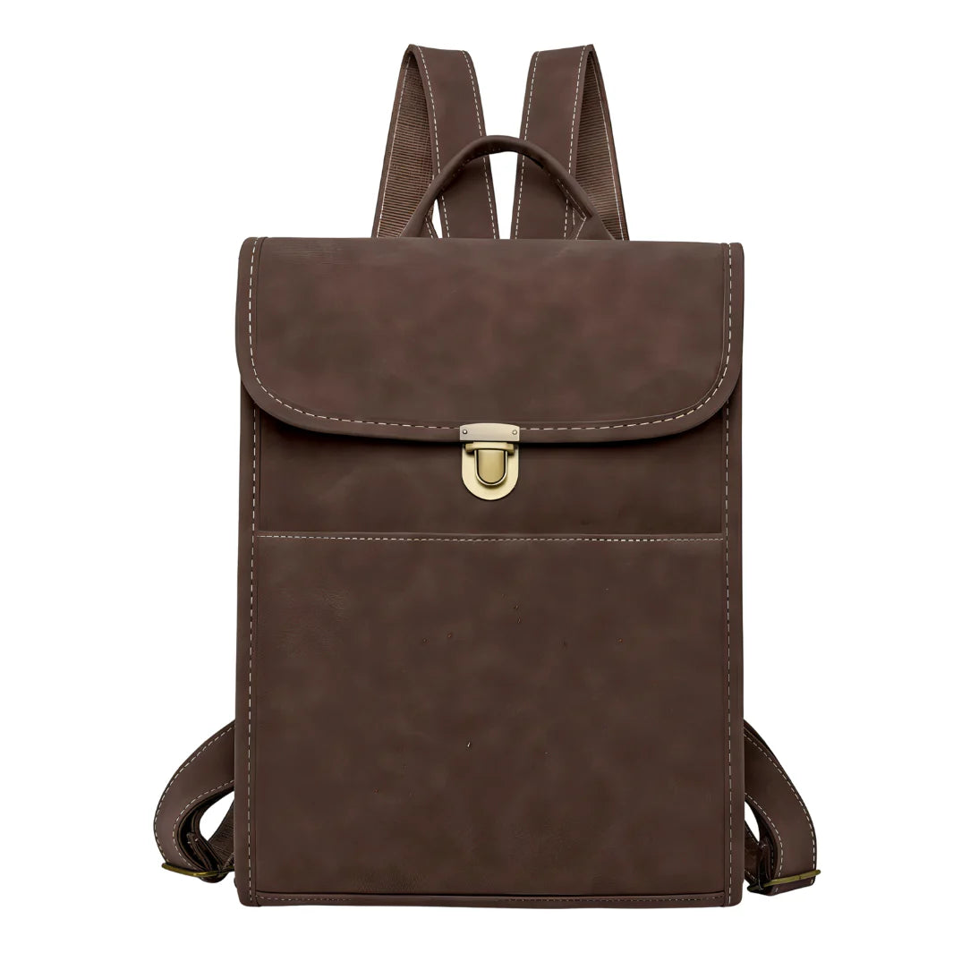 Sac à dos rectangulaire en cuir faux marron avec fermoir métallique doré