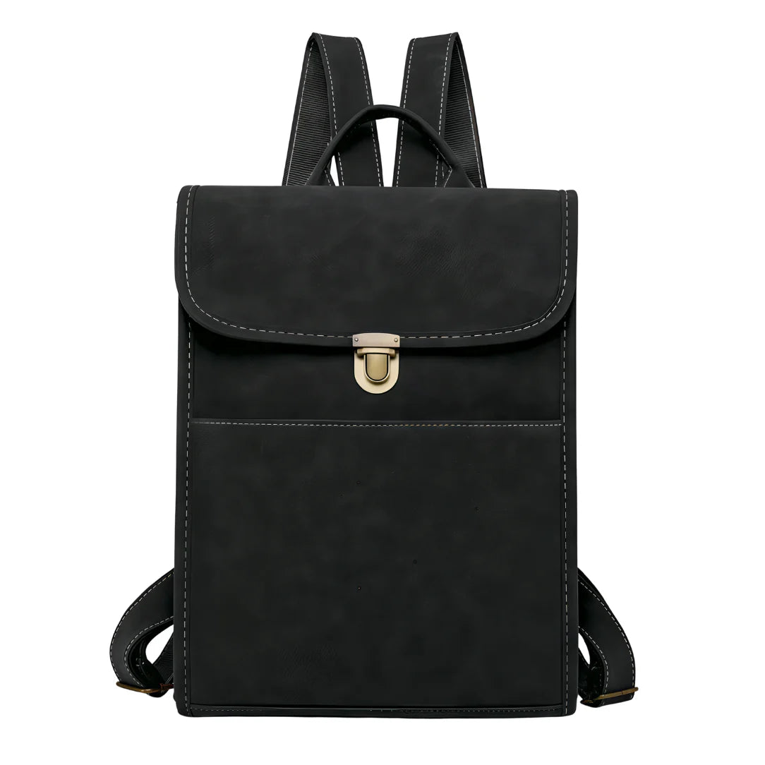 Sac à dos rectangulaire en faux cuir noir avec boucle dorée et coutures blanches