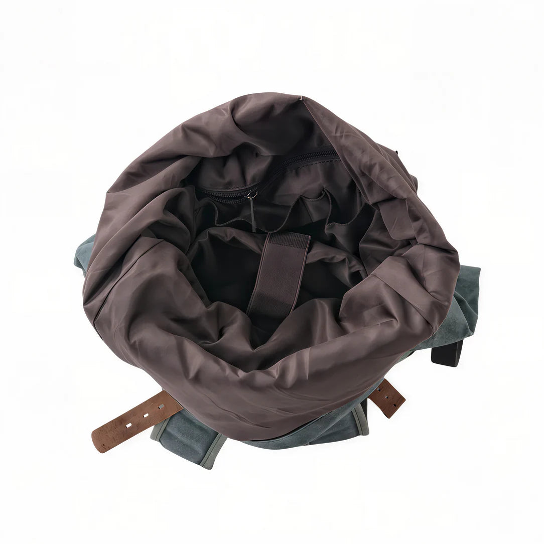 Sac à dos rétro roll top en tissu avec poche interne, cuir marron foncé