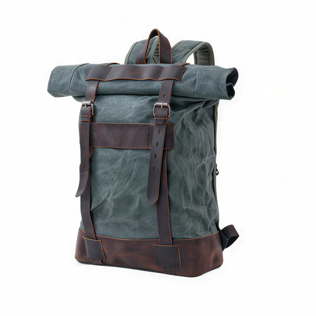 Sac à dos rétro roll top en tissu vert foncé waxé avec lanières en cuir marron