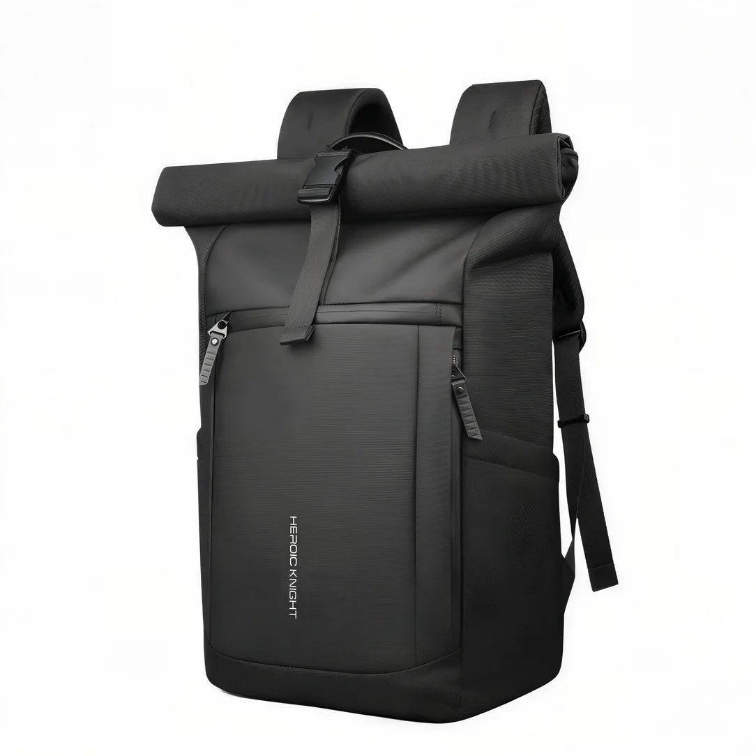Sac à dos roll top noir avec compartiments et bretelles ajustables pour ordinateur