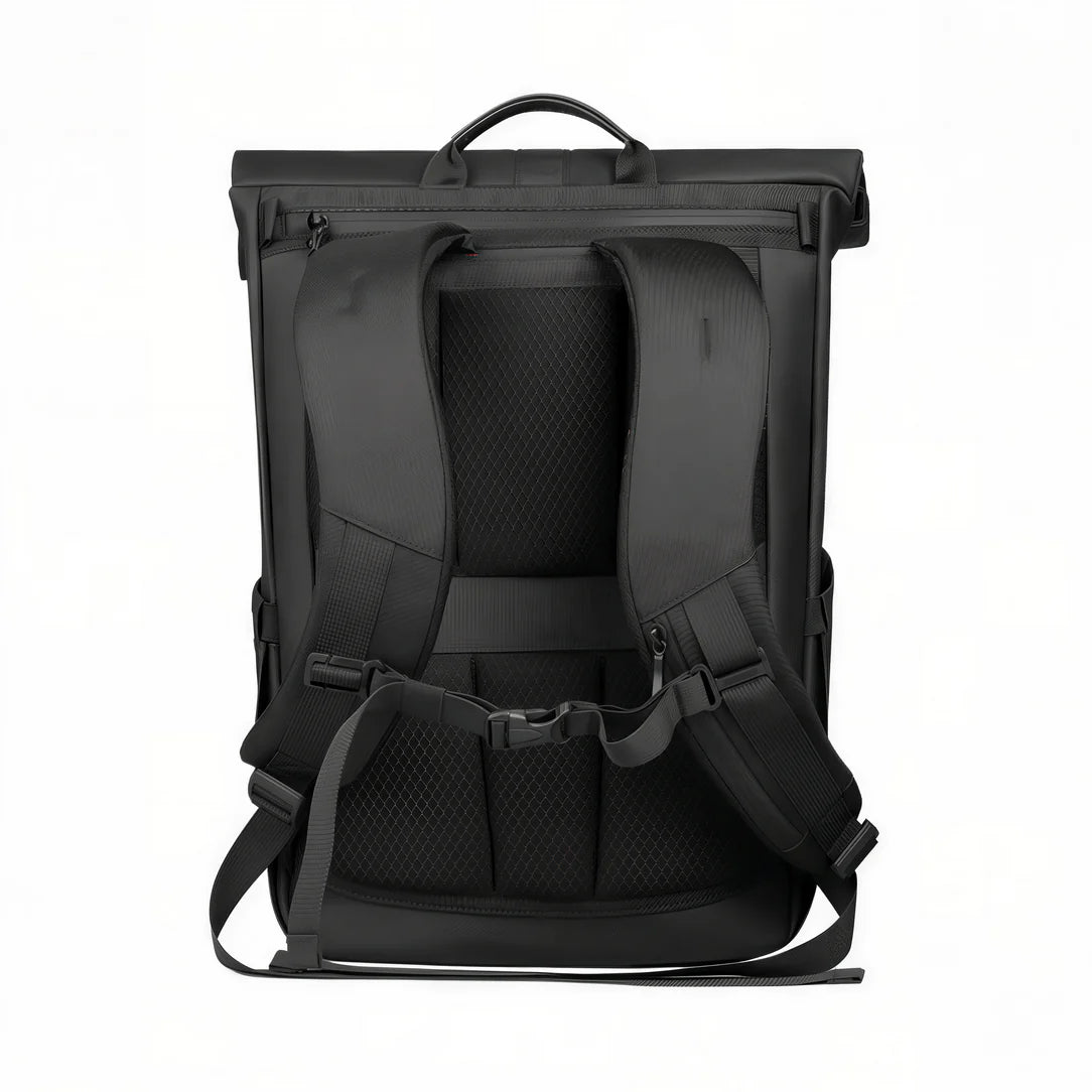 Sac à dos roll top noir avec bretelles rembourrées et panneau dorsal pour ordinateur portable