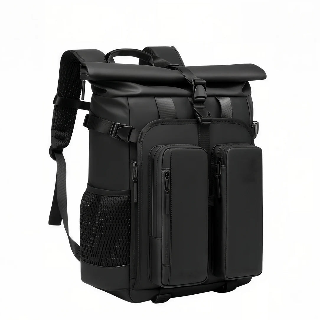 Sac à dos roll top de voyage RZTX noir avec plusieurs poches extérieures
