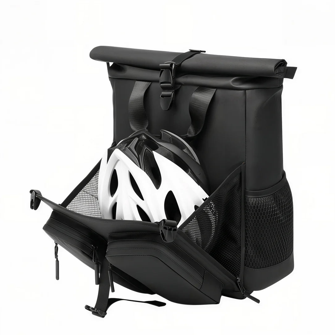 Sac à dos roll top de voyage RZTX avec sacoches vélo noires, porte casque externe et poche latérale en mesh