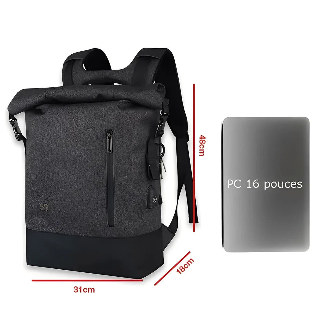 Sac à dos roll top homme HK21 en gris foncé et noir avec compartiments et poche pour PC 16 pouces