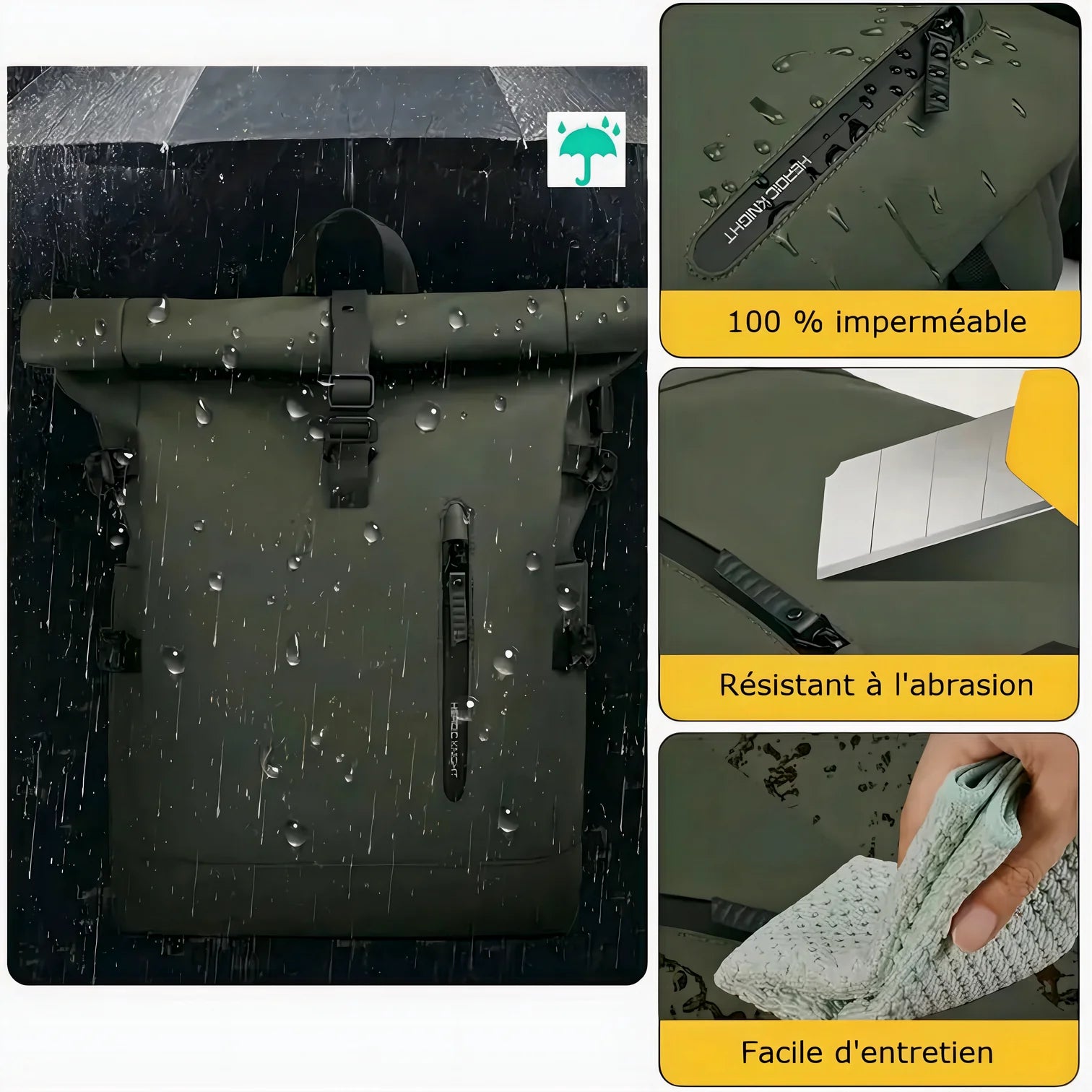 Sac à dos roll-top imperméable vert olive, design minimaliste durable
