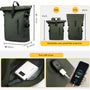 Sac à dos roll top imperméable vert foncé avec port USB intégré et capacité ajustable