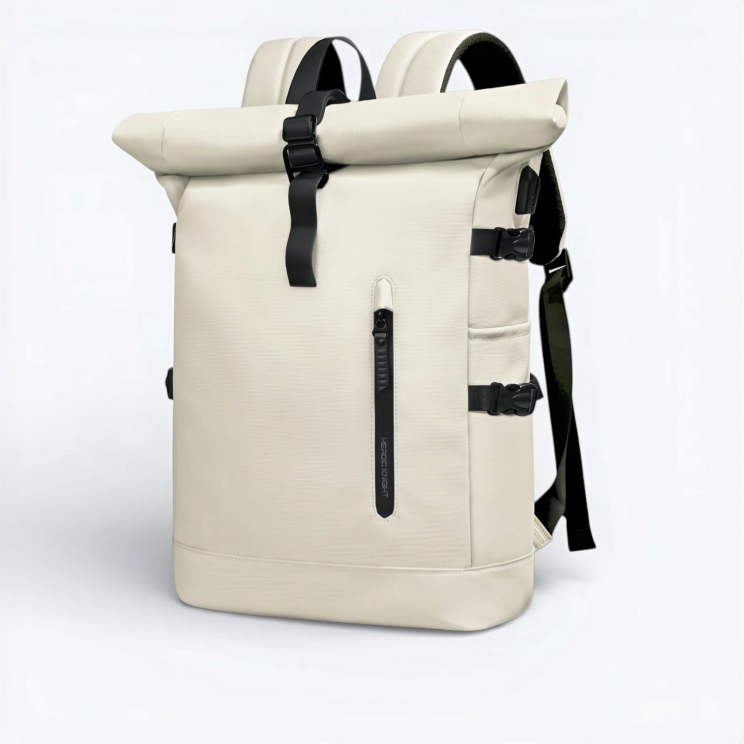 Sac à dos roll-top imperméable beige avec sangles et boucles noires