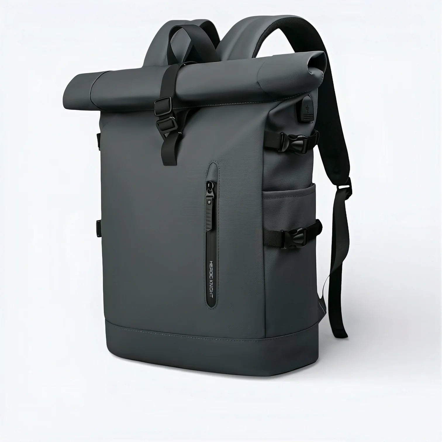 Sac à dos roll-top imperméable gris foncé, design moderne sleek