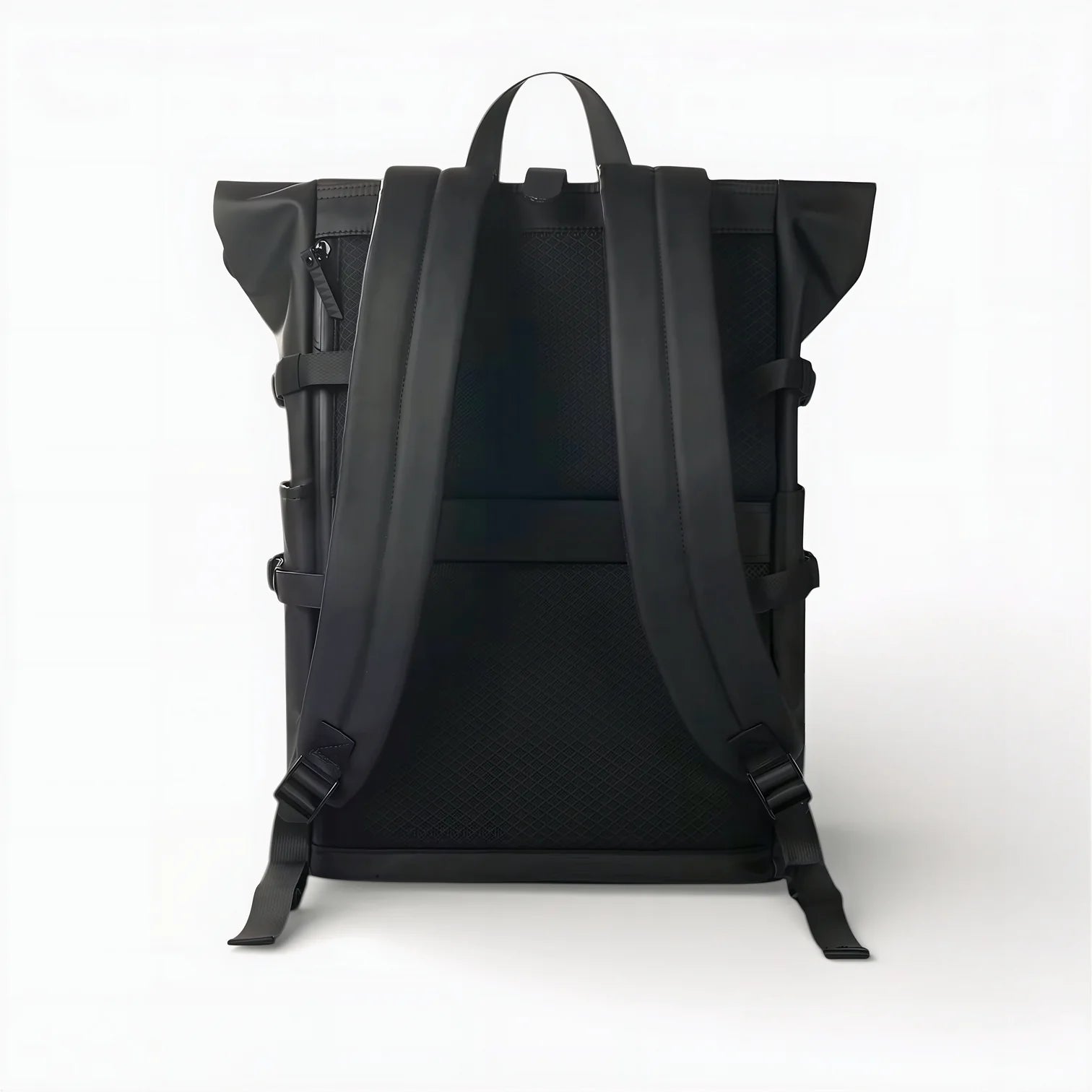 Sac à dos roll-top noir imperméable, design minimaliste et sangles durables