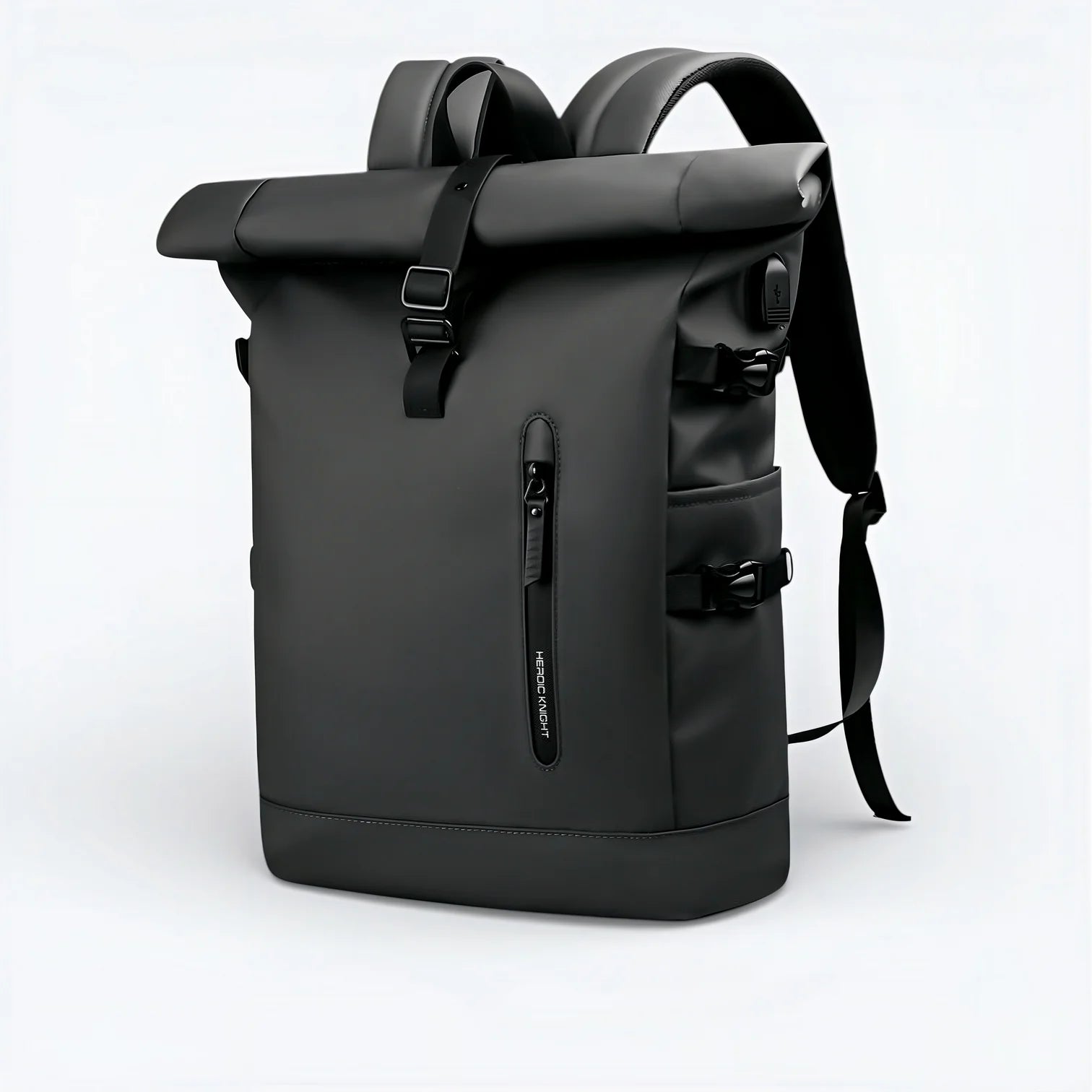 Sac à dos roll-top noir imperméable, design moderne et tissu durable