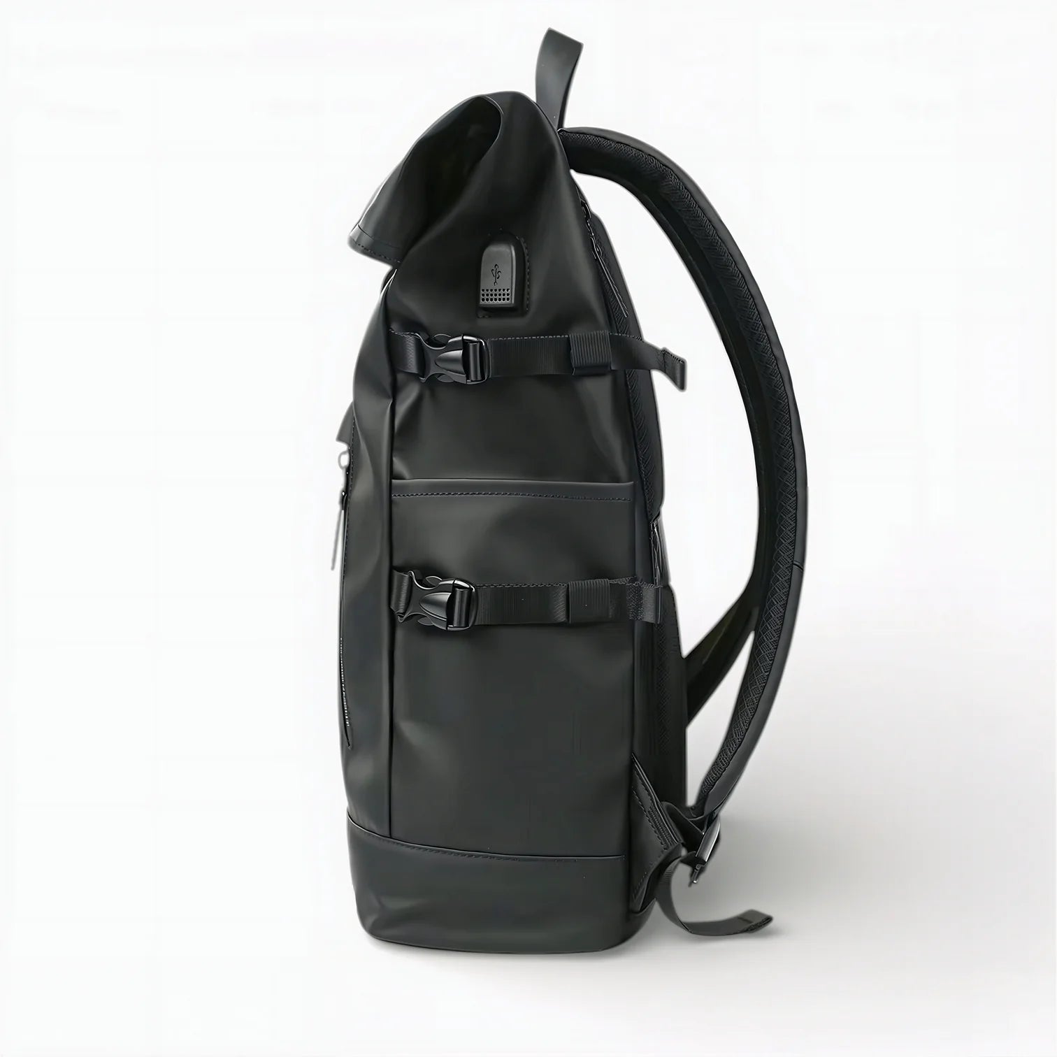 Sac à dos roll-top noir imperméable, tissu durable et sangles réglables