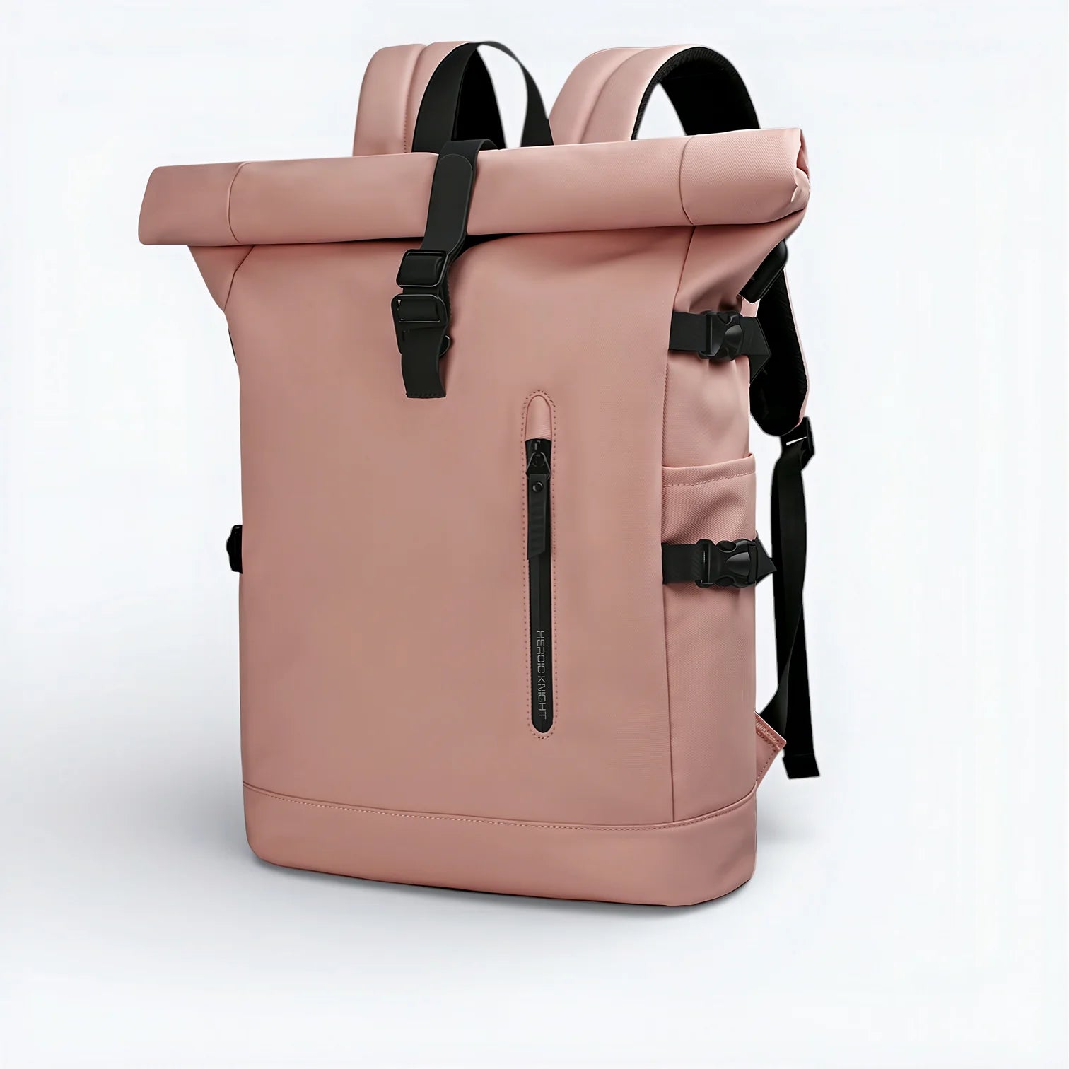 Sac à dos roll-top imperméable rose gold sleek avec sangles et fermetures noires