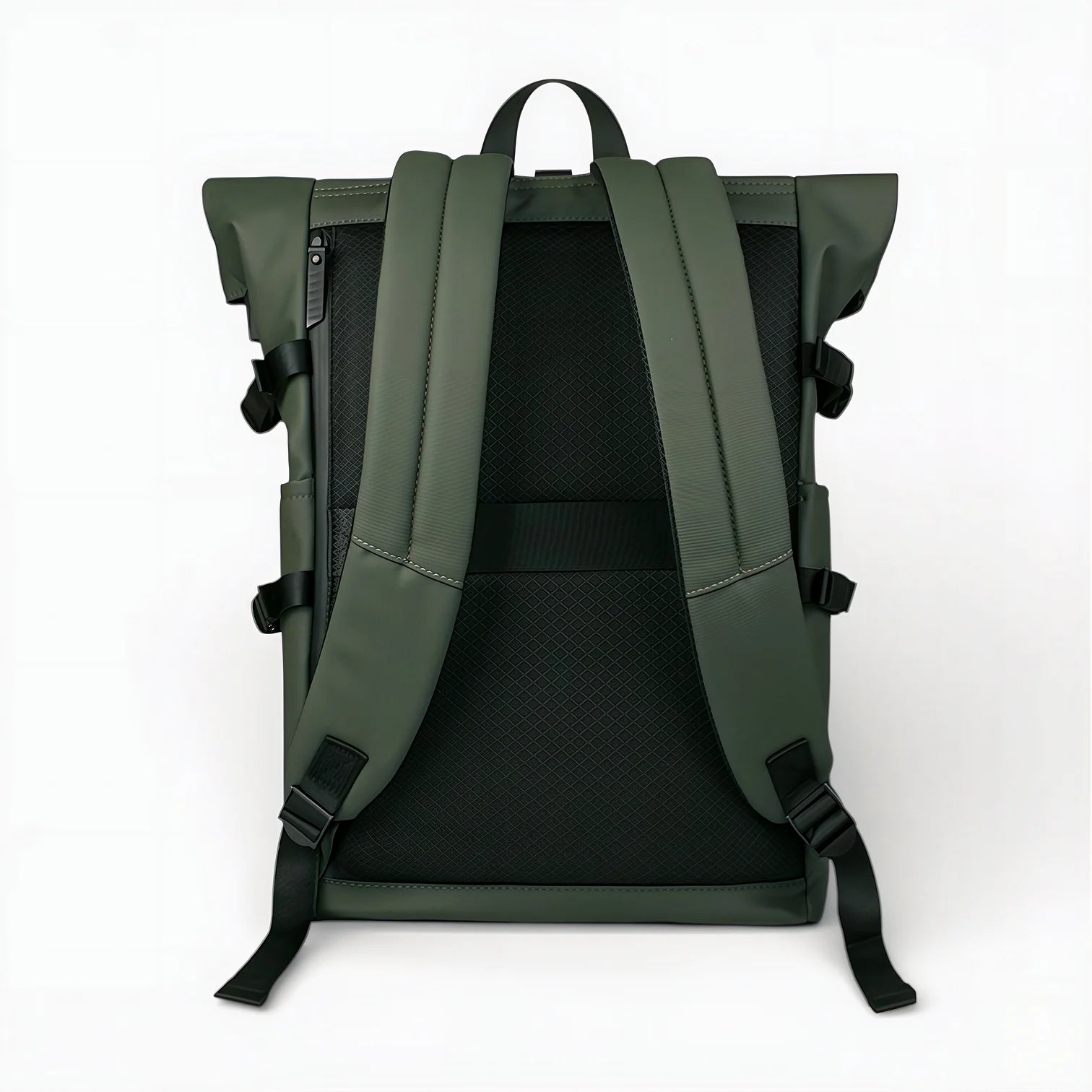 Sac à dos roll-top imperméable vert olive avec dos en maille noire
