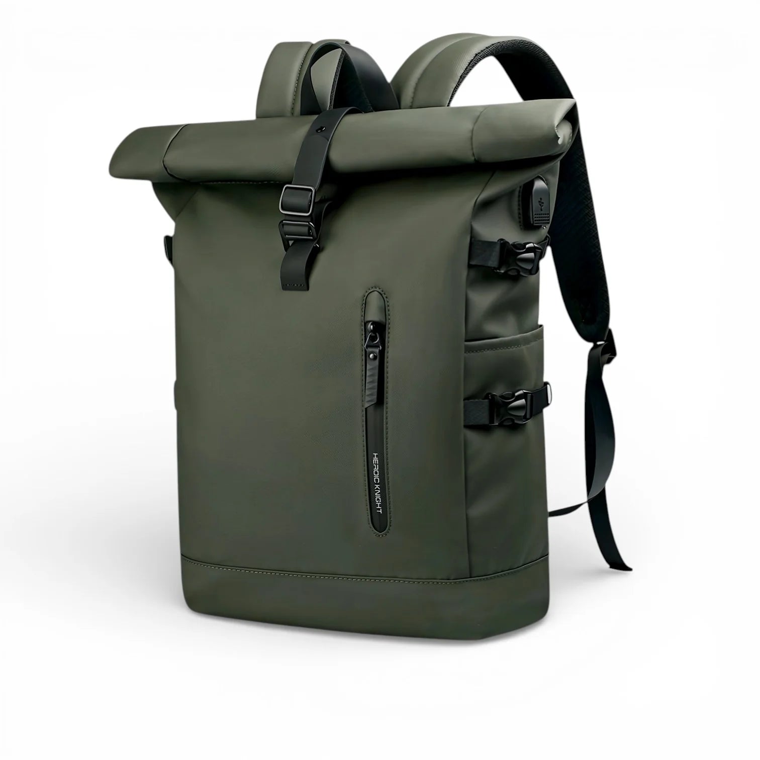 Sac à dos roll-top imperméable vert olive aux sangles et fermetures noires