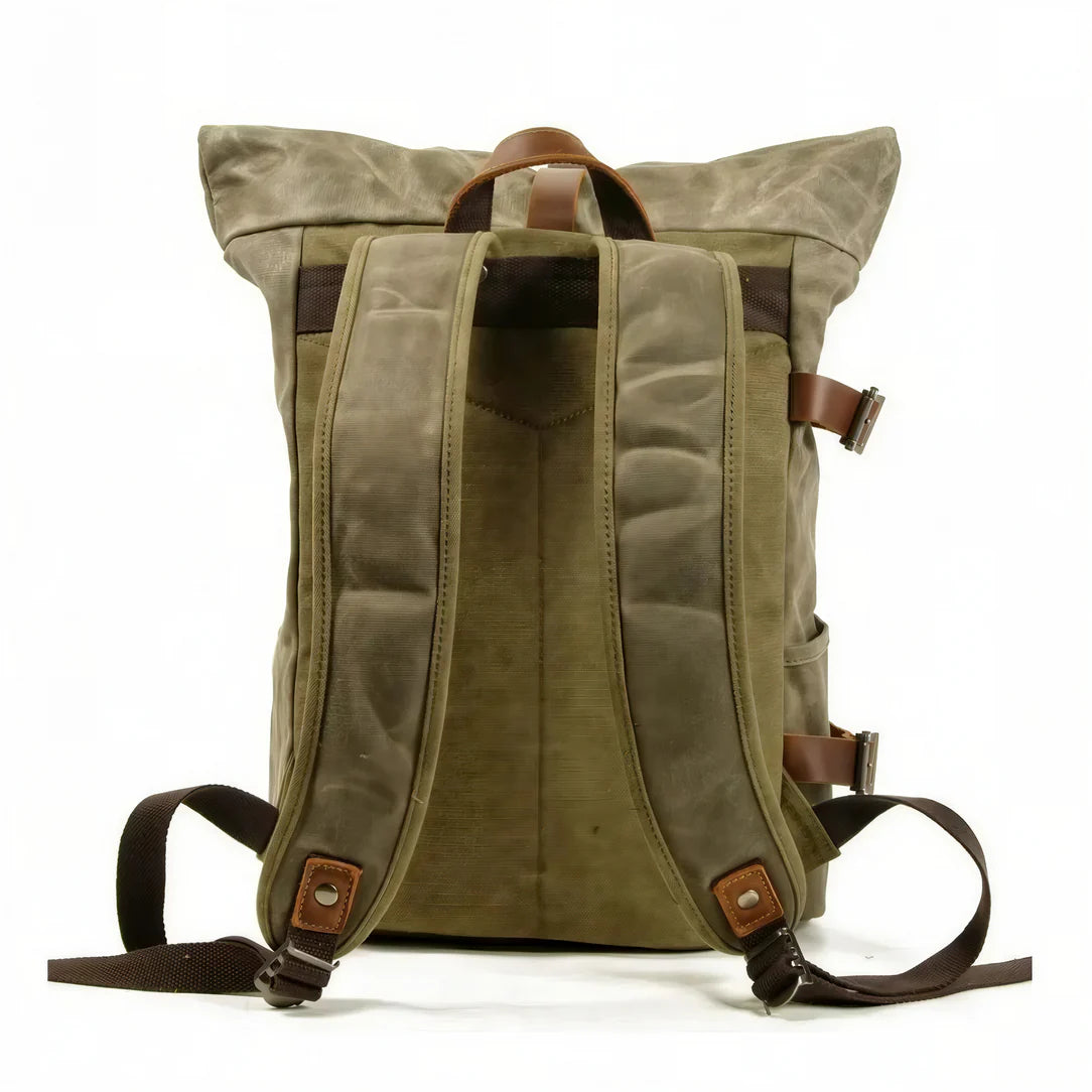 Sac à dos roll top old-school Heritage en toile cirée olive verte avec accents en cuir