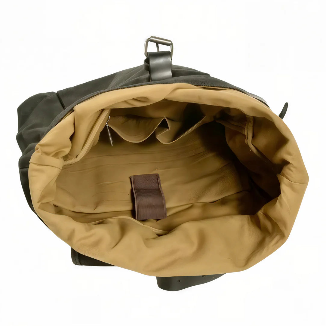 Sac à dos roll top Heritage noir avec doublure tan et multiples poches intérieures