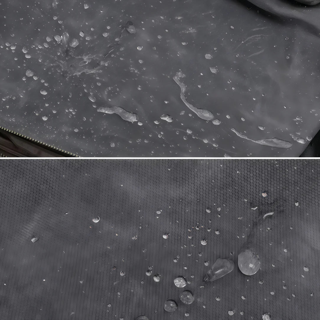 Tissu gris imperméable avec gouttes d’eau visibles sur le Sac à dos Heritage roll top