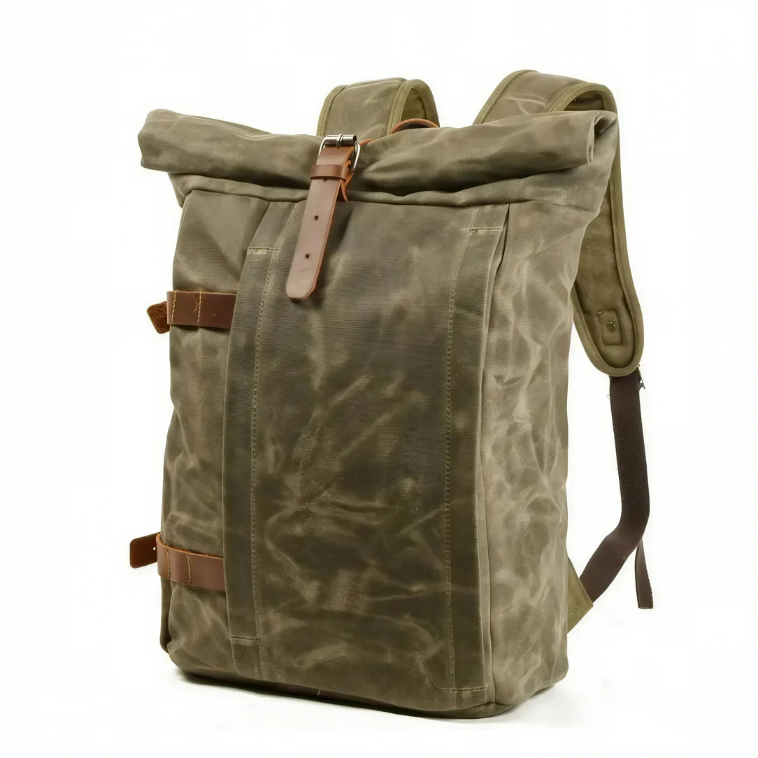 Sac à dos roll top Old-School en toile cirée olive vert avec bretelles en cuir marron
