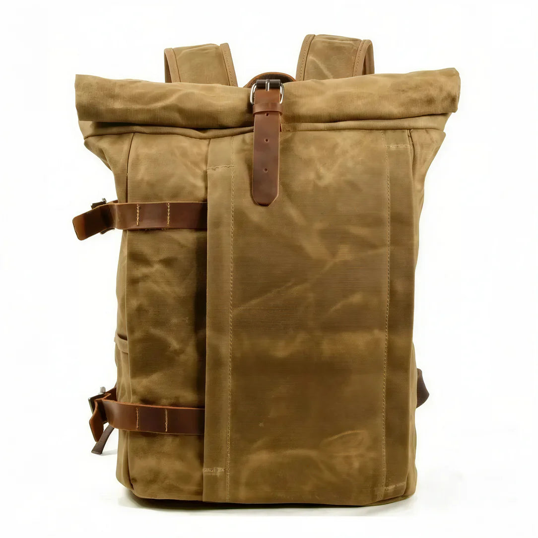 Sac à dos roll top old-school en toile cirée marron avec brides en cuir