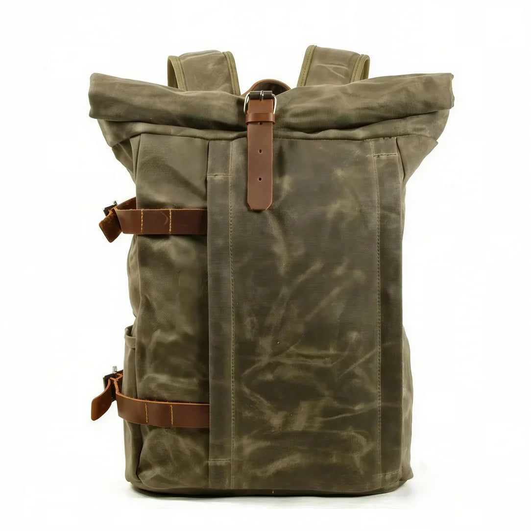 Sac à dos roll top old-school en toile cirée olive verte avec bretelles en cuir marron