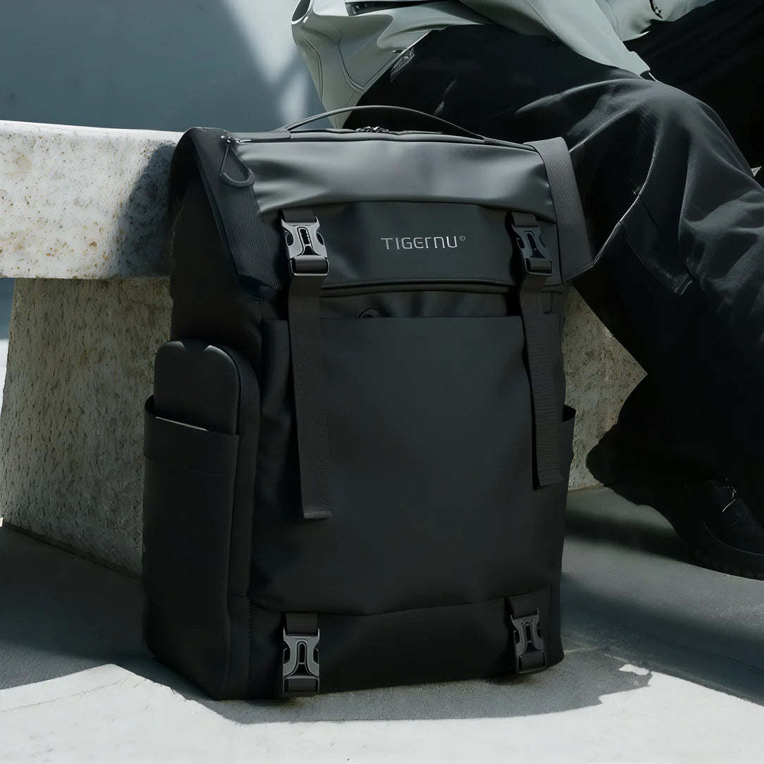 Sac à dos roll top noir avec plusieurs boucles pour ordinateur portable 15 pouces Tigernu ZX