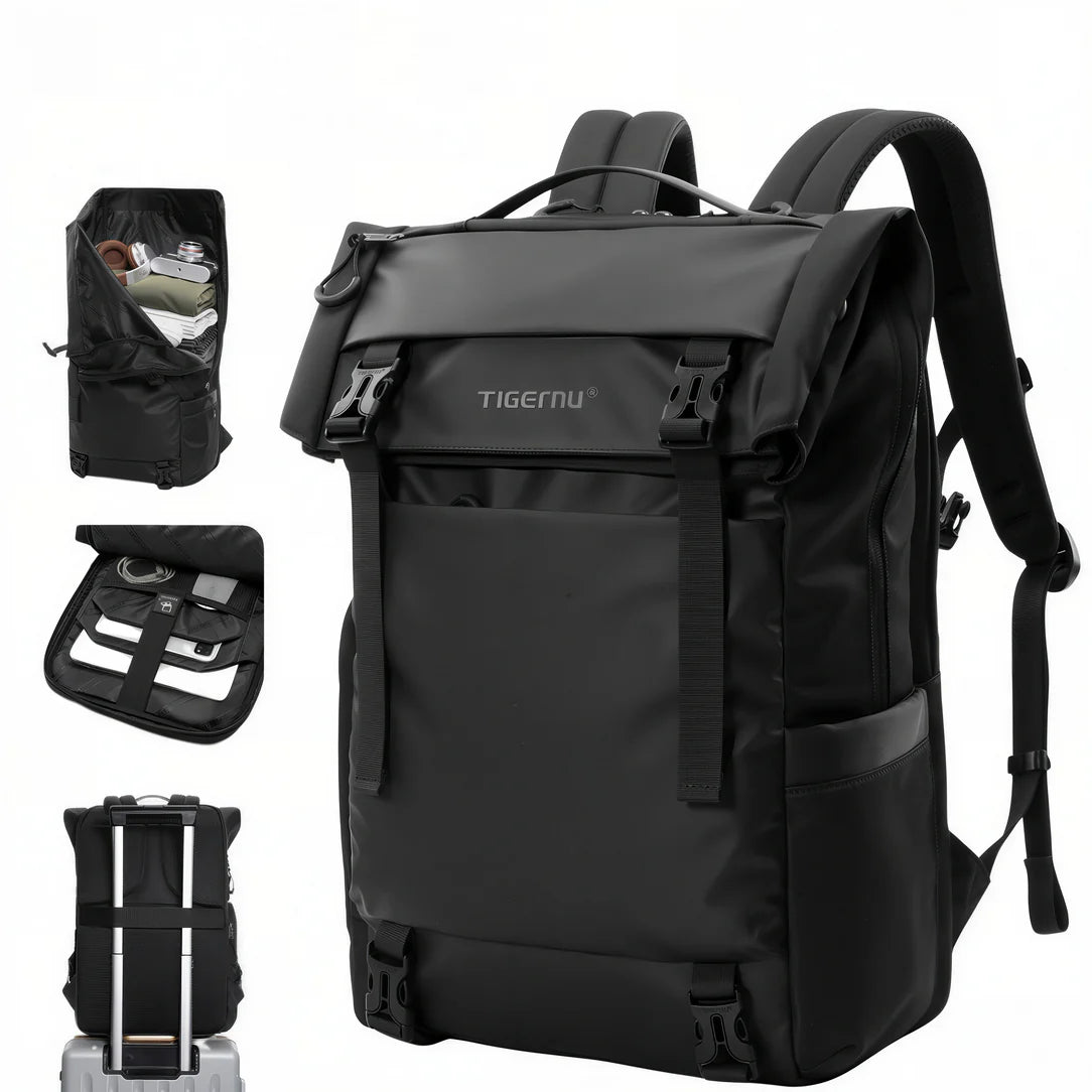 Sac à dos roll top PC 15 pouces Tigernu ZX noir avec plusieurs compartiments et sangle de bagage