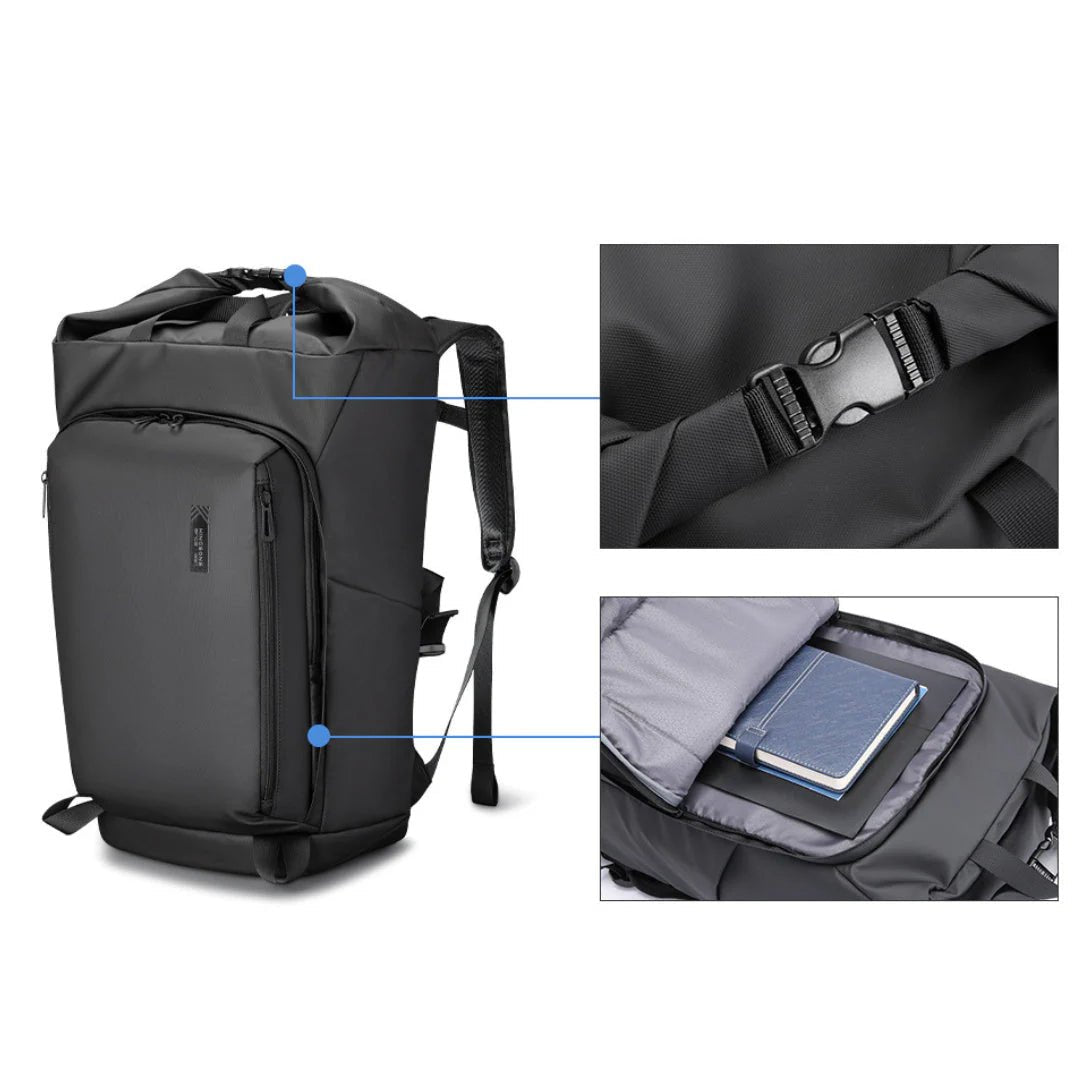 Sac à dos roll top urbain Polaris noir avec plusieurs compartiments et bretelles ajustables