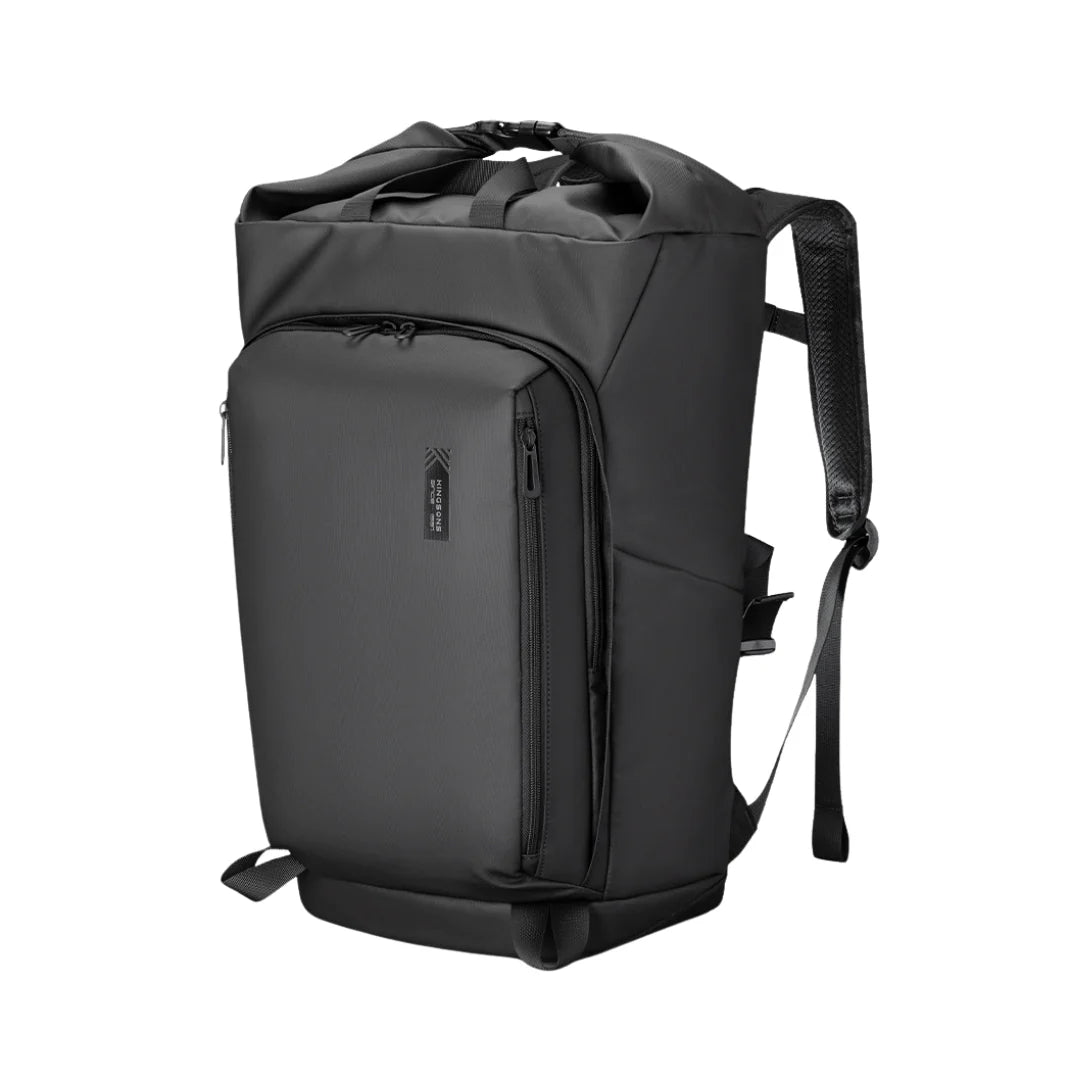 Sac à dos roll top urbain Polaris noir avec multiples compartiments zippés et bretelles rembourrées