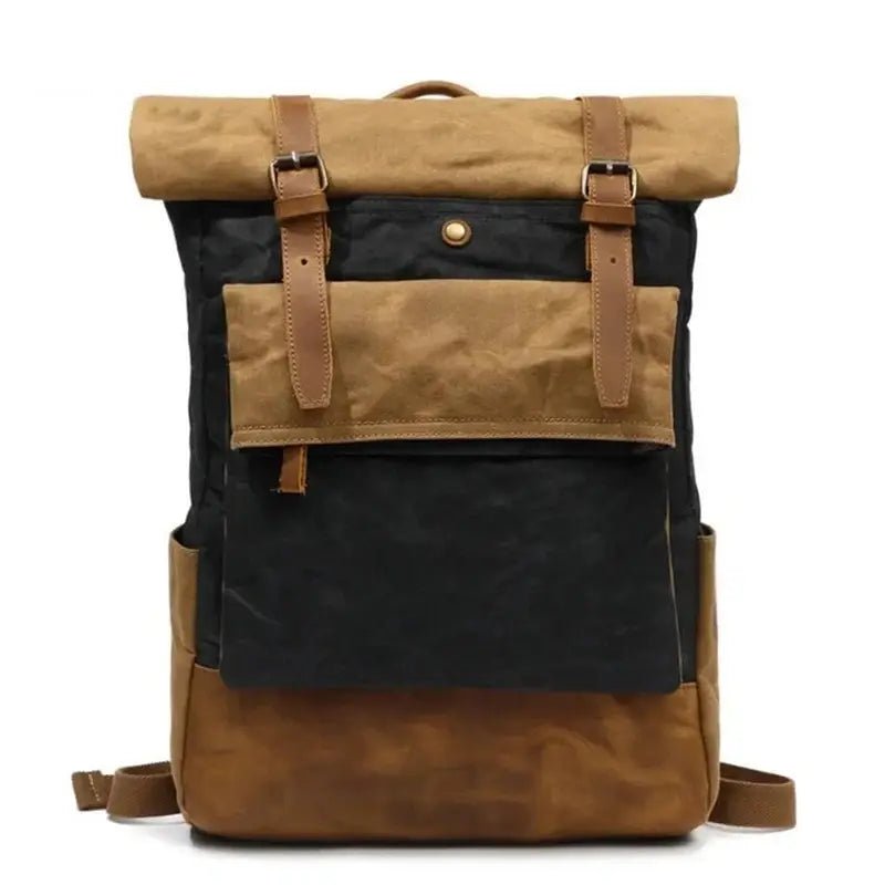 Sac à dos roll top vintage en deux tons de brun et noir avec sangles en cuir