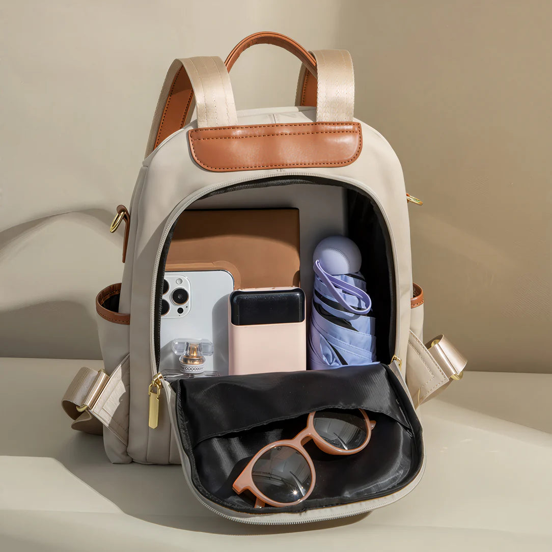 Sac à dos Sable d’aube beige avec accents marron et détails de fermeture éclair
