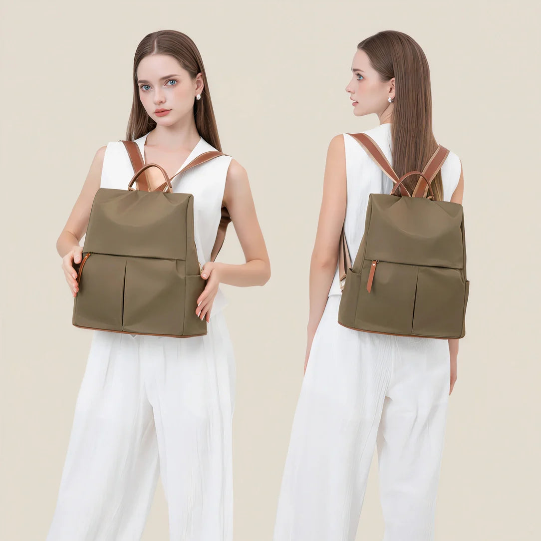 Sac à dos Sienna vert olive avec accents cuir marron et design minimaliste