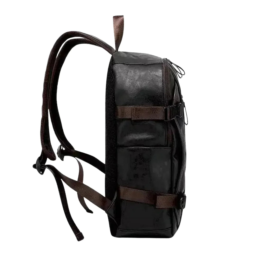 Sac à dos en simili cuir noir avec sangles et boucles marron