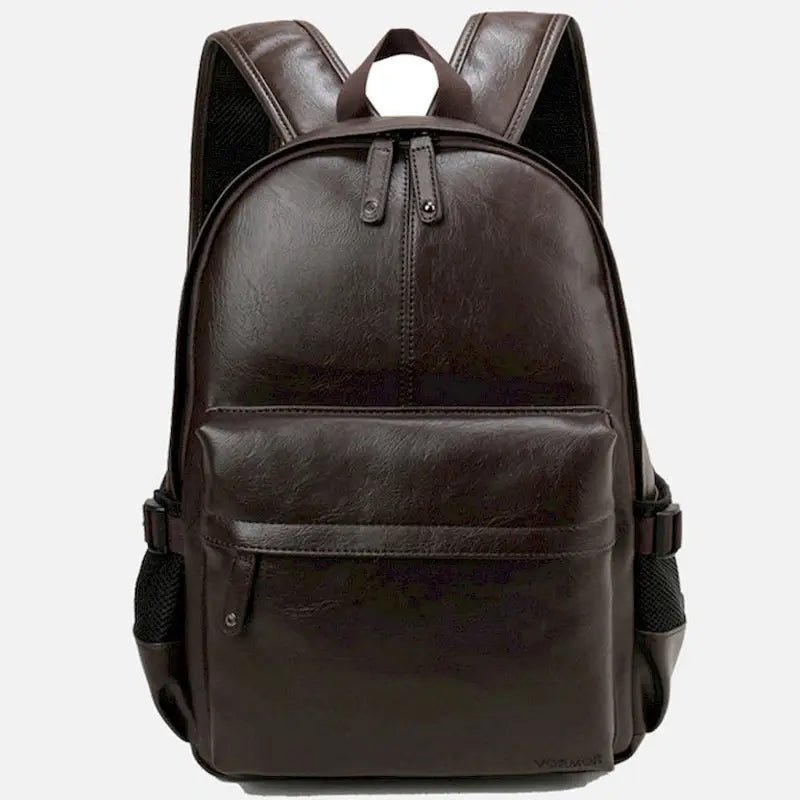 Sac à dos similicuir femme marron avec compartiments zippés et poches latérales en mesh