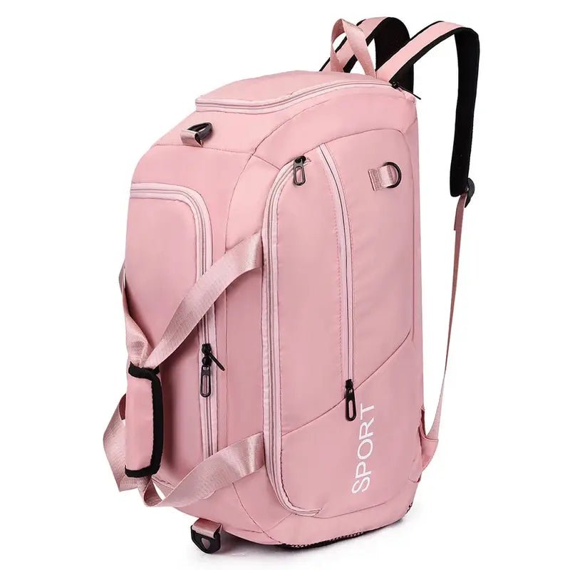 Sac à dos sport femme rose convertible avec compartiments et poche à chaussures