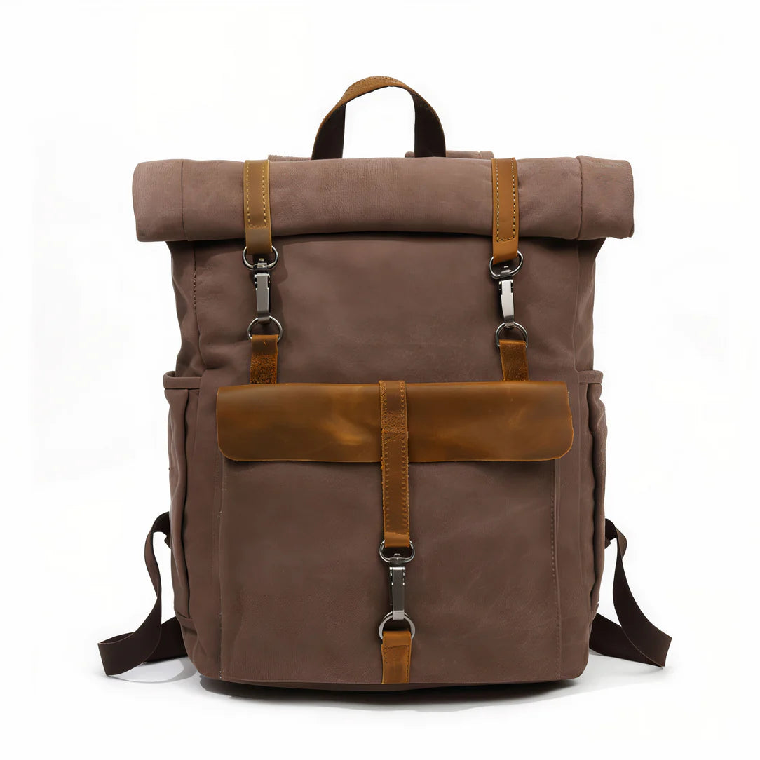 Sac à dos style vintage en toile marron avec accents en cuir et boucles métalliques