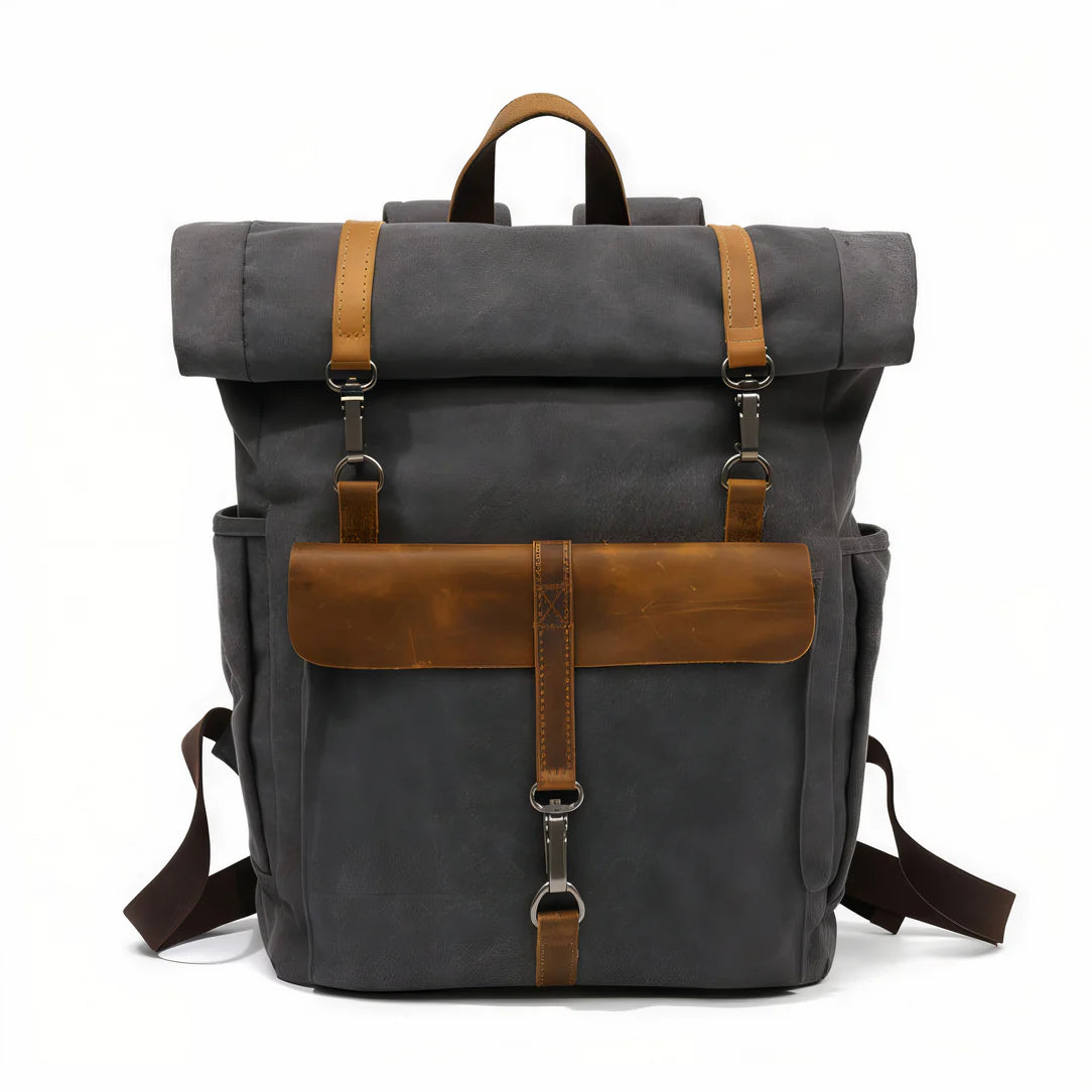 Sac à dos style vintage Era en toile gris foncé avec accents en cuir marron